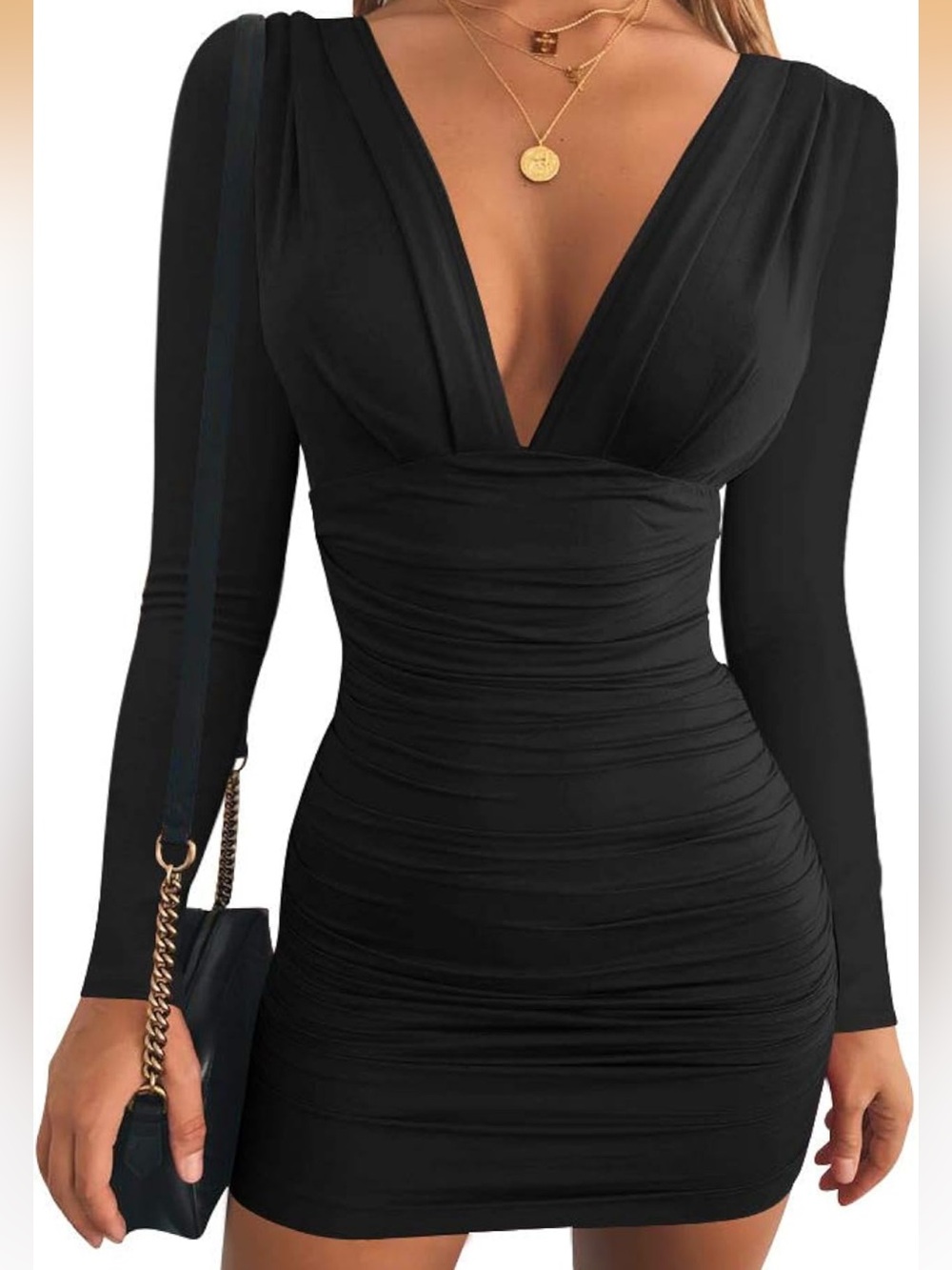Deep V Ruched Long-Sleeve Mini Dress in Black